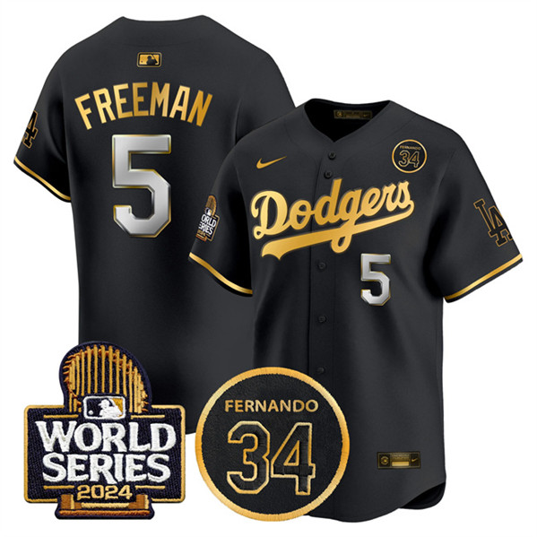 Los Angeles Dodgers #5 Freddie Freeman Black Gold 2024 World Series With Fernando Memorial Patch Limited Stitched Jersey - Click Image to Close